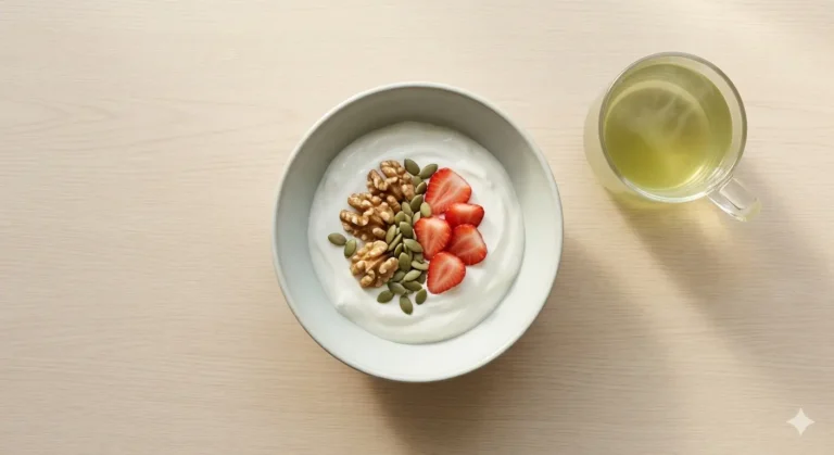 Healthy breakfast bowl with yogurt, strawberries, walnuts, and pumpkin seeds