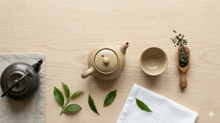 A beautiful tea arrangement with teapot, cup, fresh leaves and dried herbs on a light wood table.