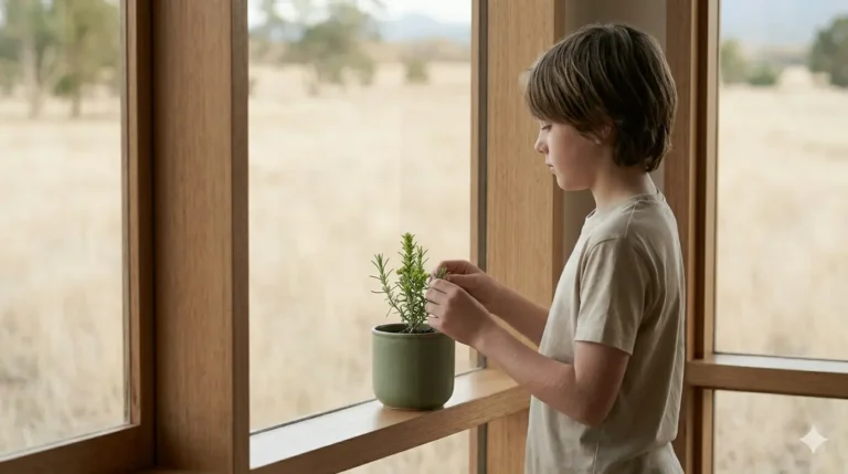 A boy tending to a potted green plant, observing the natural landscape through the wooden window.