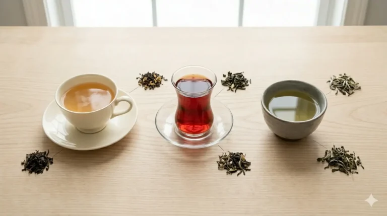 Three types of tea are arranged on a light wood table, with dried leaves around them. Black tea, green tea, and herbal tea.