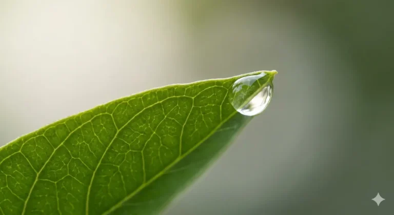 Close-up of a single dewdrop on the tip of a vibrant green leaf.