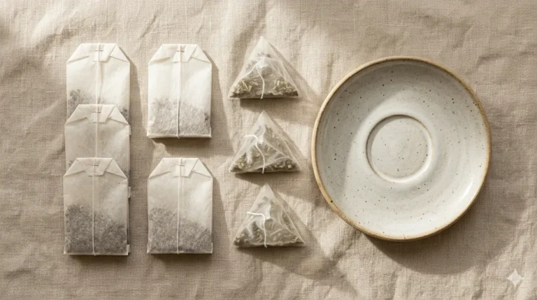Tea bags and a saucer, symbolizing tea's role in US history.