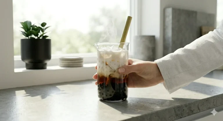Hand holding a glass of iced bubble tea with tapioca pearls and a bamboo straw.