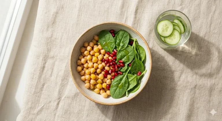 Healthy chickpea, spinach, and pomegranate salad with cucumber water