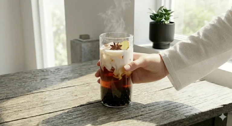 Iced tea with milk, boba, and spices, a refreshing Arnold Palmer beverage