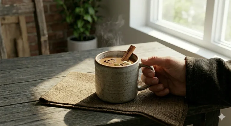 Uma xícara de café fumegante sobre uma toalha de linho, com canela e grãos de café visíveis, em um ambiente acolhedor.