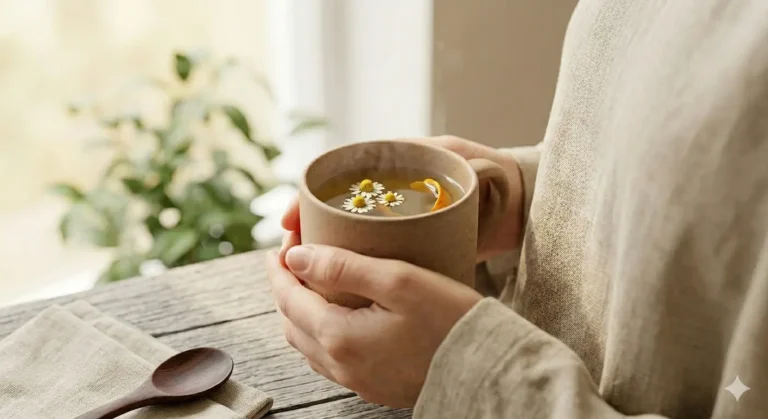 Person holding a warm mug of chamomile tea with flowers