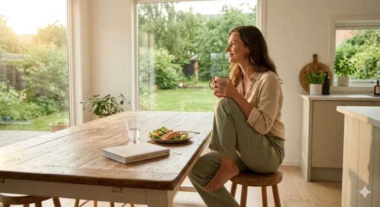 Woman enjoying a healthy meal with lasting energy