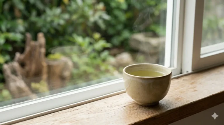 A cup of hot tea rests on a windowsill, steam rising against a lush green backdrop outdoors.