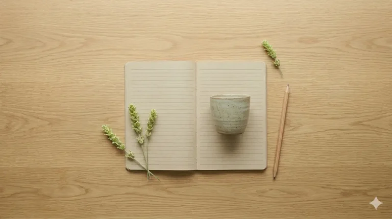 Um caderno aberto sobre uma mesa de madeira clara, com uma caneca de cerâmica e ramos verdes ao redor.
