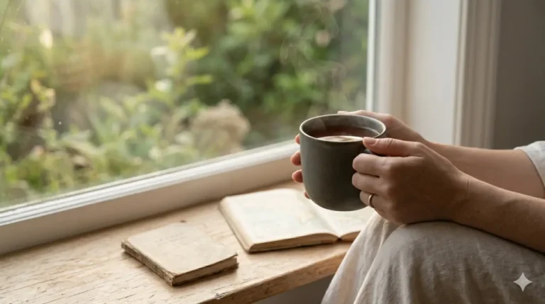 A person holding a mug of hot coffee, sitting by a window, with an open book beside them and a garden in the background.