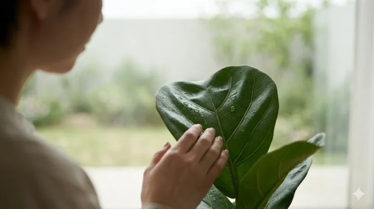 Woman gently touching water droplets on a large green leaf indoors.