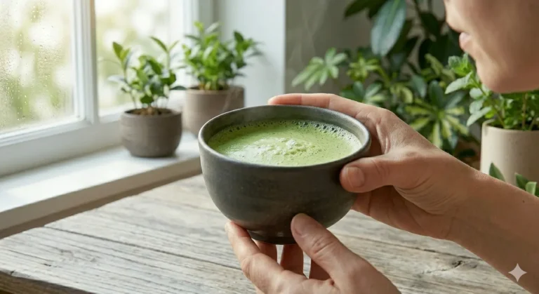 A person holding a bowl of green tea, surrounded by plants in a bright and welcoming setting.