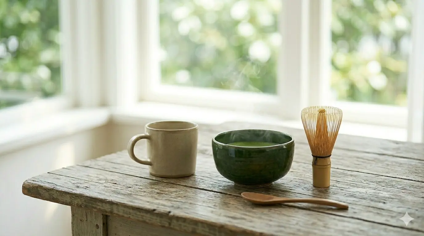 A steaming cup of green tea sits beside a green bowl and a bamboo whisk on a rustic wooden table.