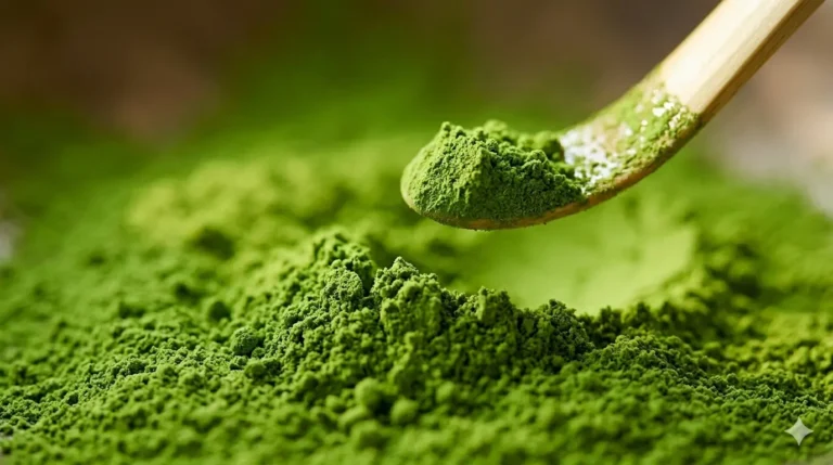 Vibrant green matcha powder in a wooden spoon, surrounded by a layer of fine powder, highlighting its rich texture and intense color.