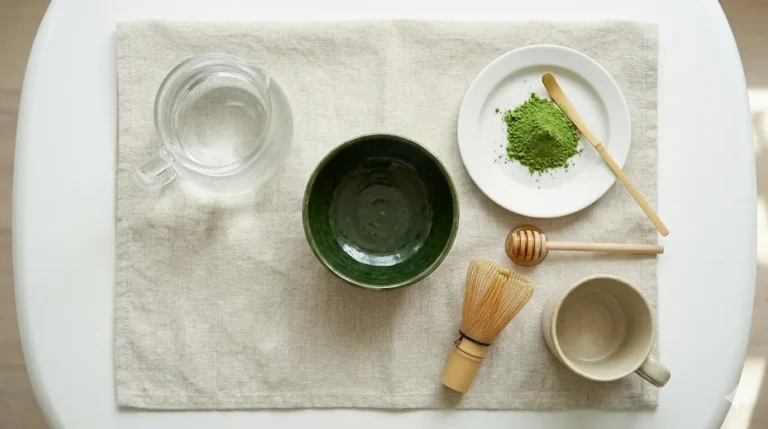 Table with utensils for preparing matcha tea, including a green bowl, water, green powder, and a bamboo whisk.