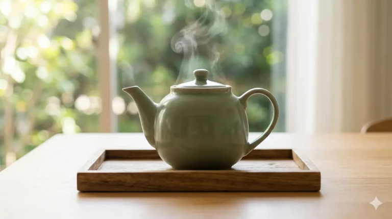 A steaming green kettle sits on a wooden tray, set against a backdrop of illuminated nature, evoking tranquility and coziness.