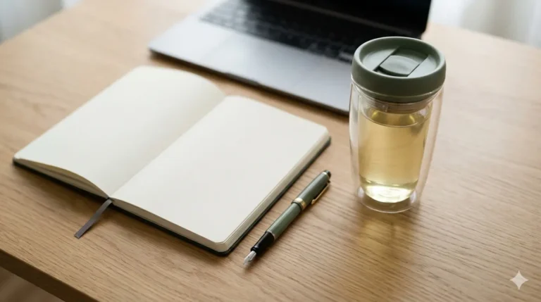 Mesa de trabalho com caderno em branco, caneta elegante e copo de bebida quente ao lado de um laptop moderno.