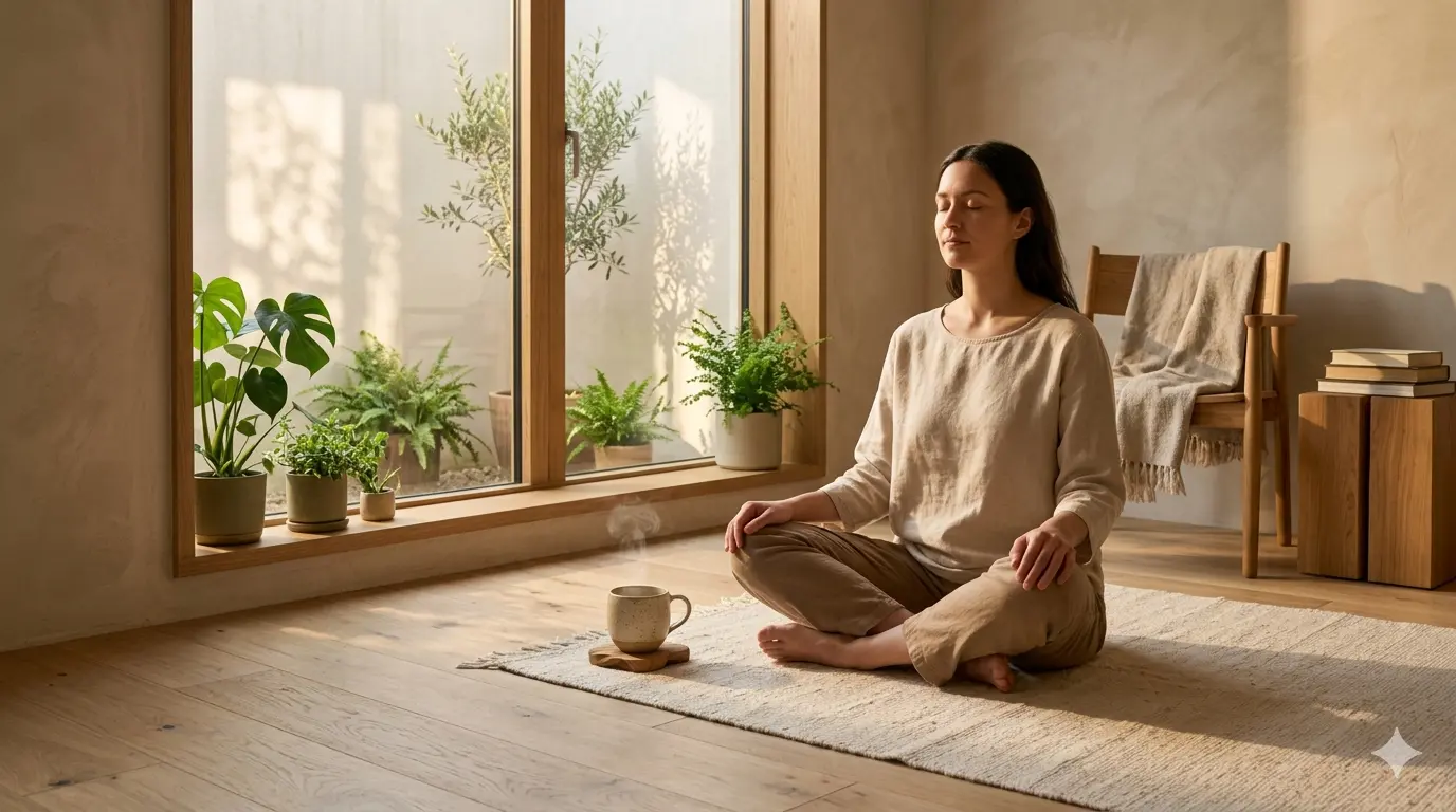 A woman meditating in a serene setting, surrounded by green plants and natural light, with a cup of tea beside her.