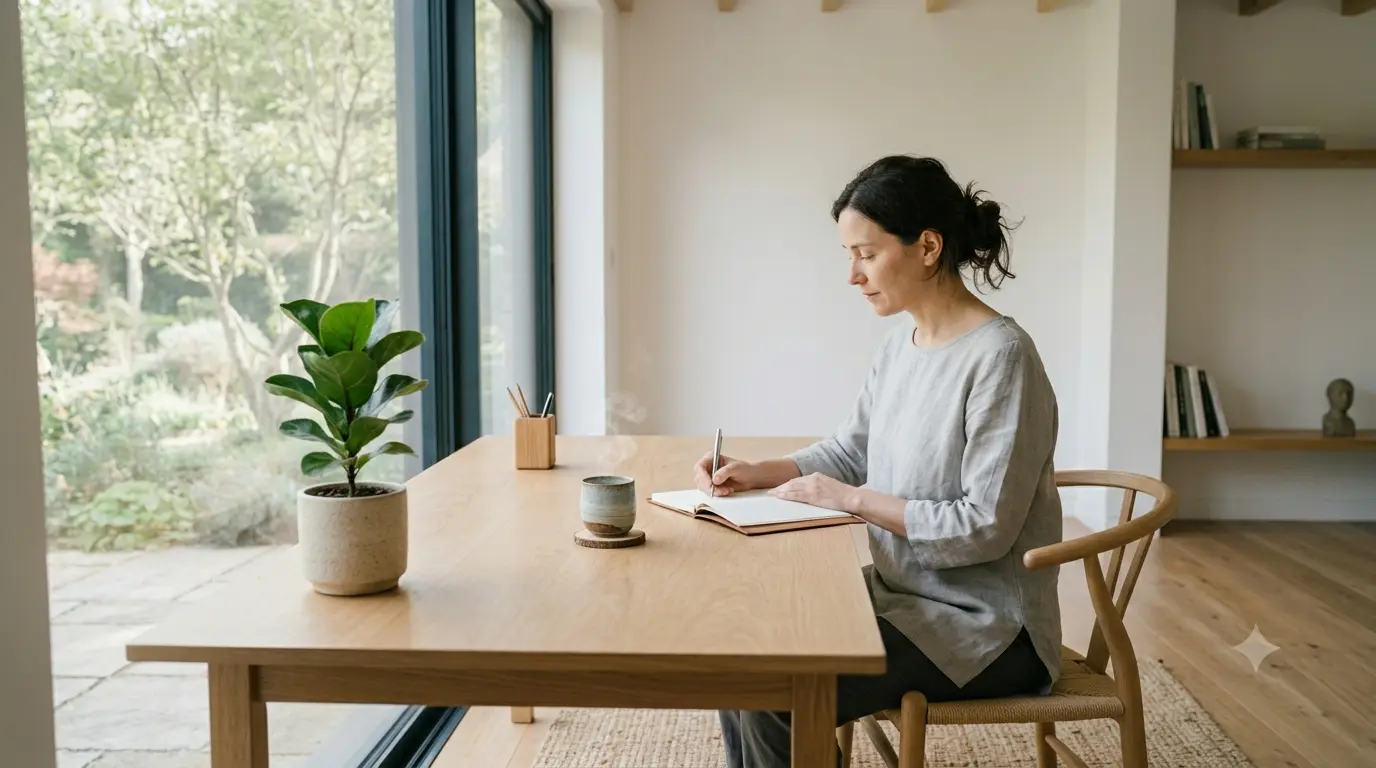 A focused woman writing in a notebook at a wooden table, surrounded by plants and natural light.