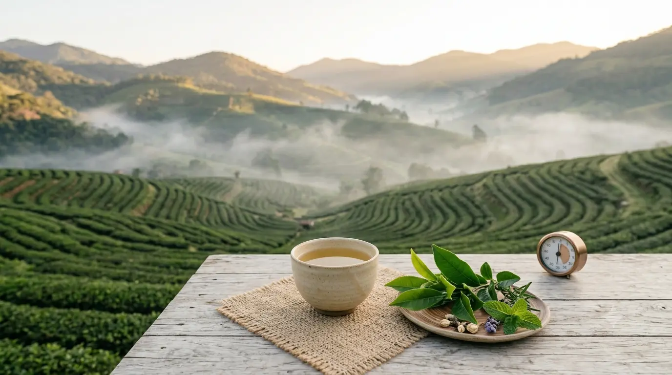 A cup of tea rests on a wooden table, surrounded by fresh leaves and a mountainous landscape at dawn.
