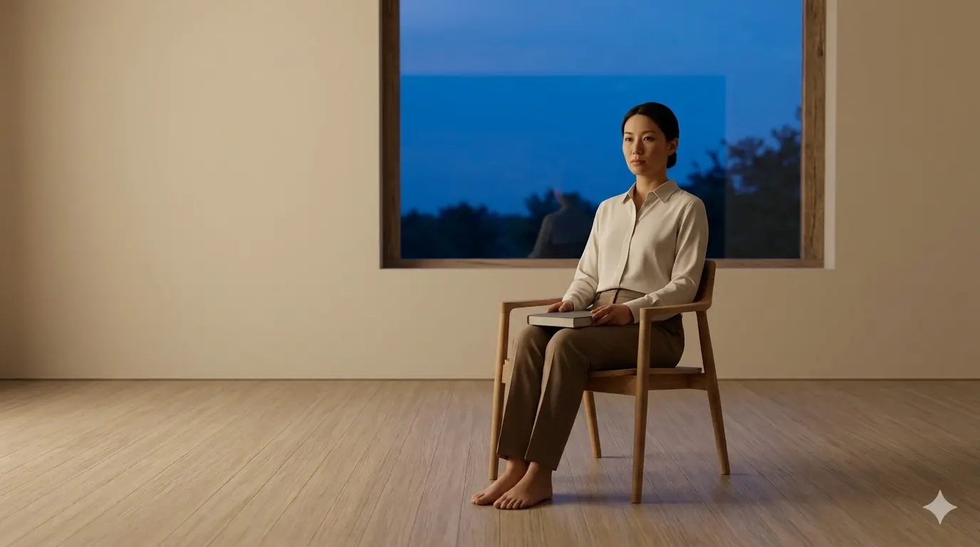 A woman sits in a wooden chair, holding a book, in a minimalist setting with soft light at dusk.