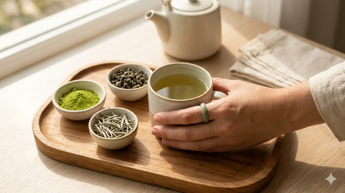 A hand holding a cup of green tea, accompanied by herbs and tea powder in small bowls on a wooden tray.