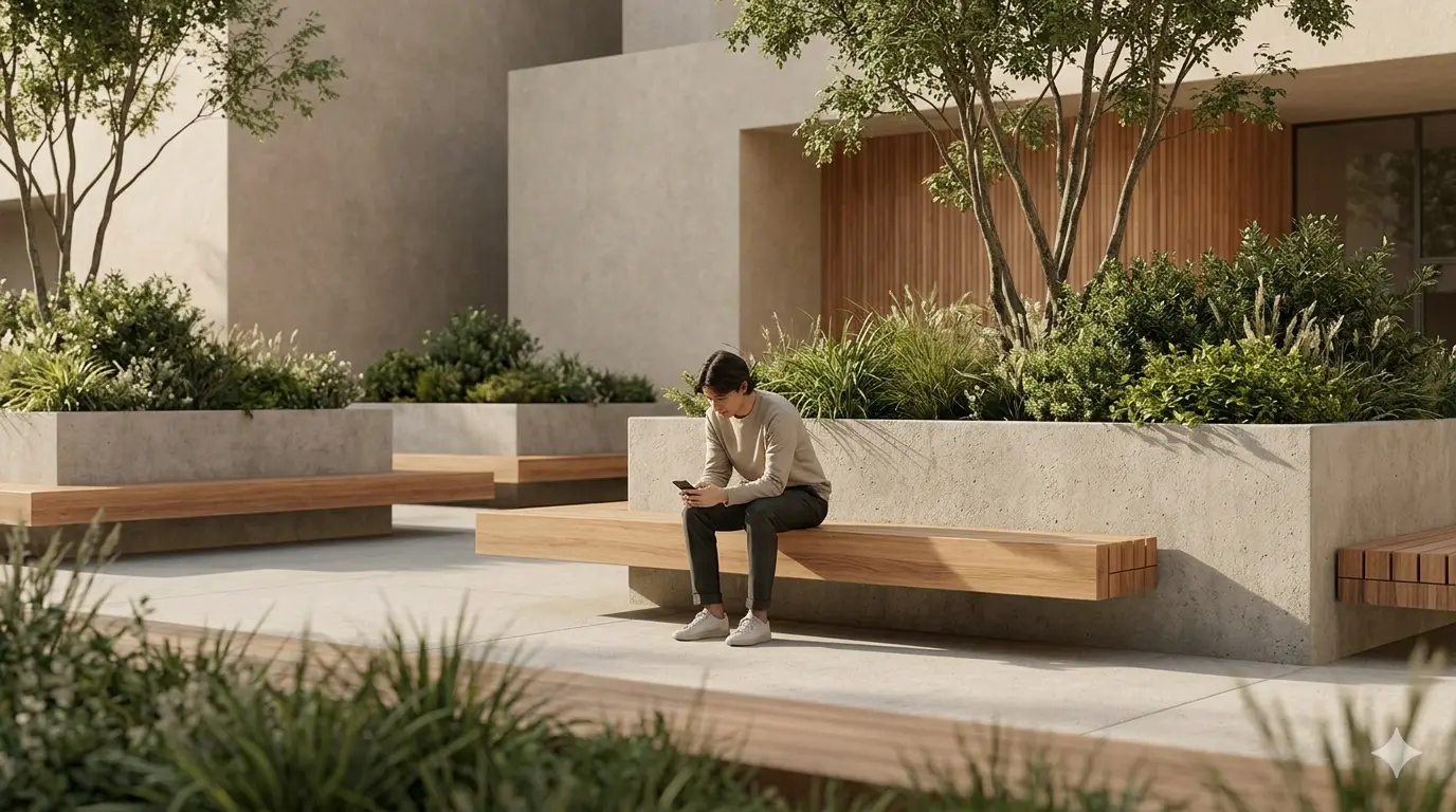 Man on bench in modern outdoor space, reflecting on social anxiety.
