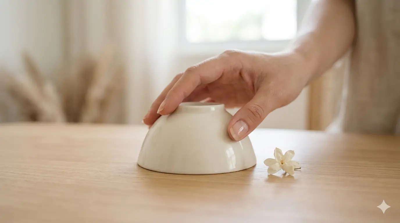 A delicate hand touches a white bowl on a wooden table, next to a white flower, in a brightly lit setting.