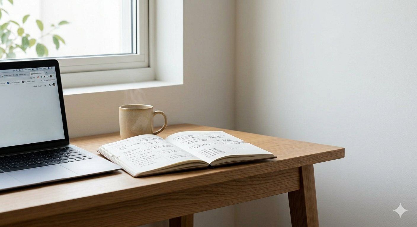 Light-colored wooden table with a laptop, an open notebook, and a coffee mug beside it, illuminated by natural light.