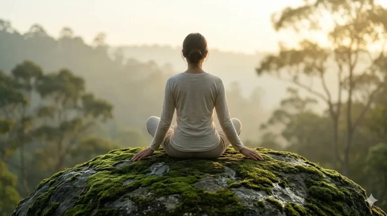 A woman meditating on a moss-covered rock, surrounded by a serene landscape of trees at dawn.