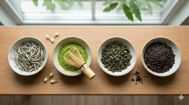 Four bowls containing different types of tea, including powdered green tea, dried leaves, and spices, are laid out on a light wood table.