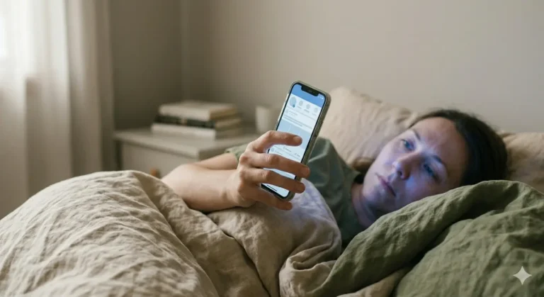 Woman in bed scrolling on phone, replacing morning scroll with tea ritual