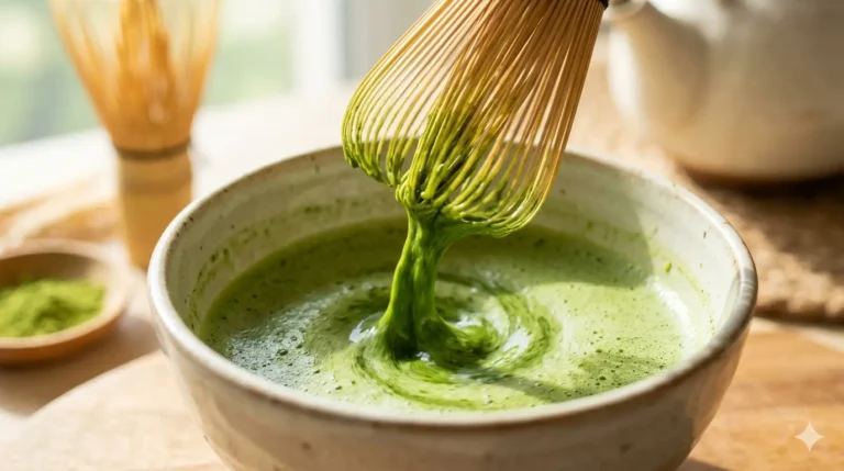 A ceramic bowl filled with green tea is being mixed with a bamboo whisk, creating a creamy and vibrant texture.