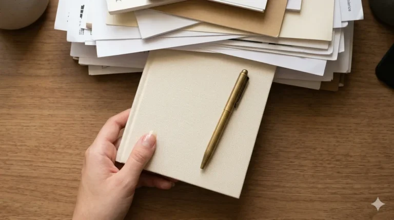 A woman's hand holds a light-colored notebook next to a stack of assorted papers on a wooden table.