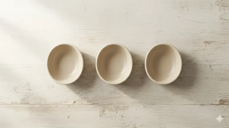 Three ceramic bowls in neutral tones are arranged on a light wood table, softly illuminated by natural light.