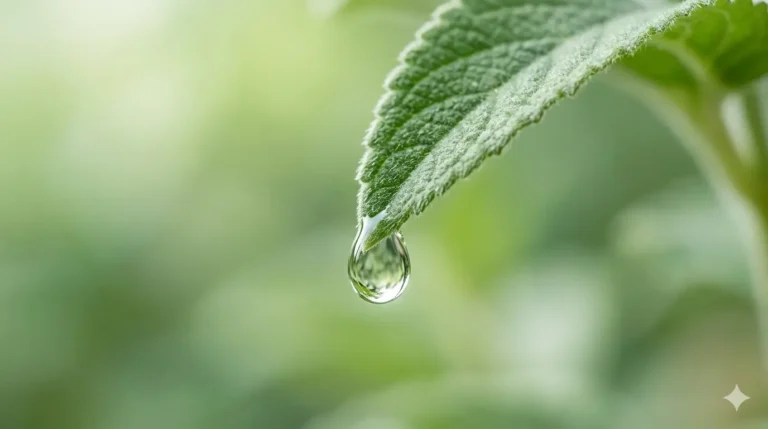 A drop of crystal-clear water hangs from the edge of a green leaf, reflecting the soft light of the natural environment.