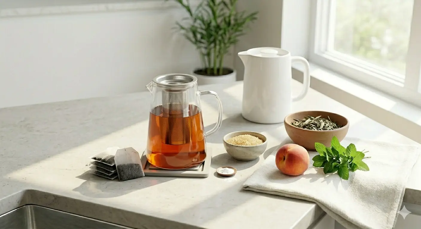 A pitcher of hot tea rests on a marble countertop, surrounded by herbs, sugar, an apple, and fresh mint leaves.