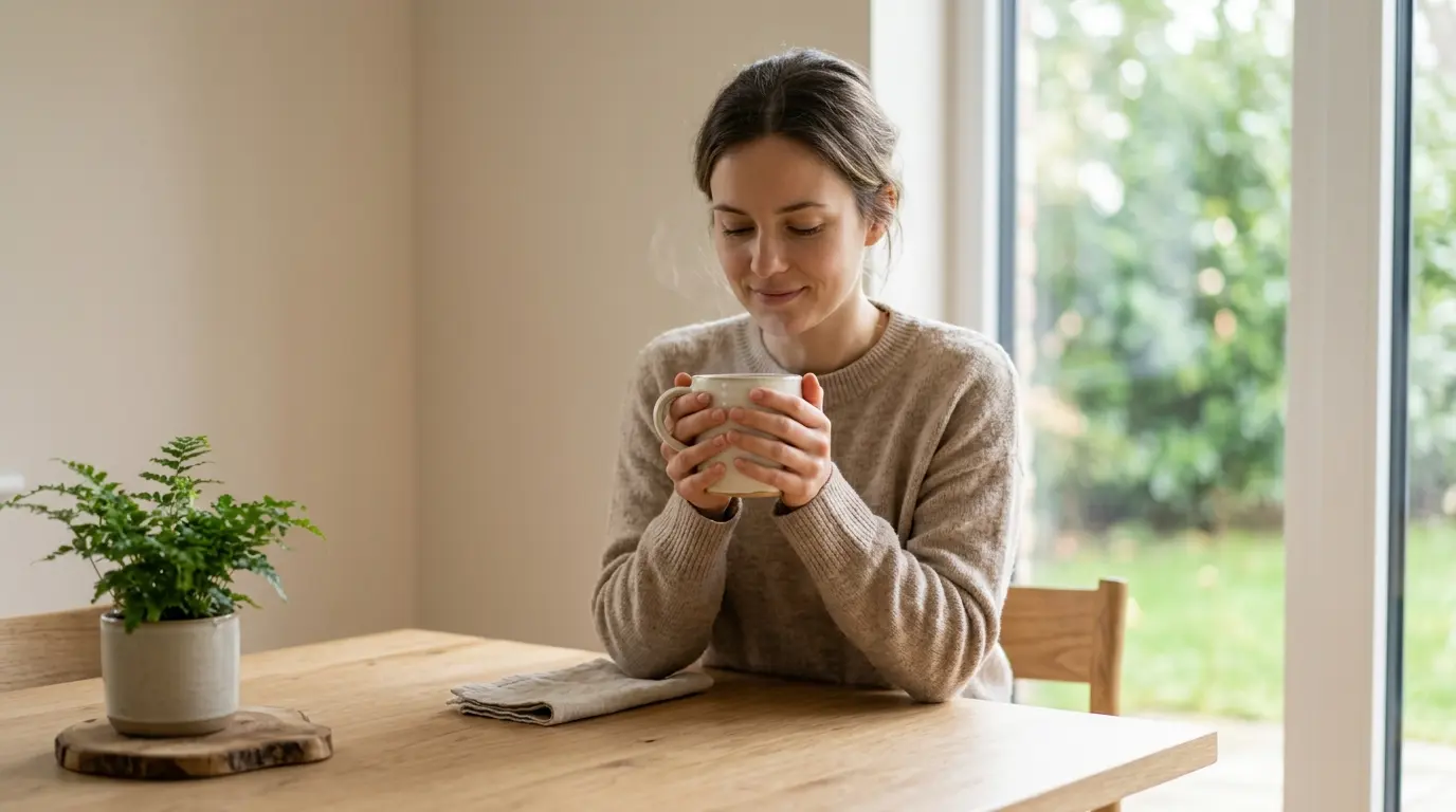 Woman enjoying a warm cup of tea during her morning tea ritual at home