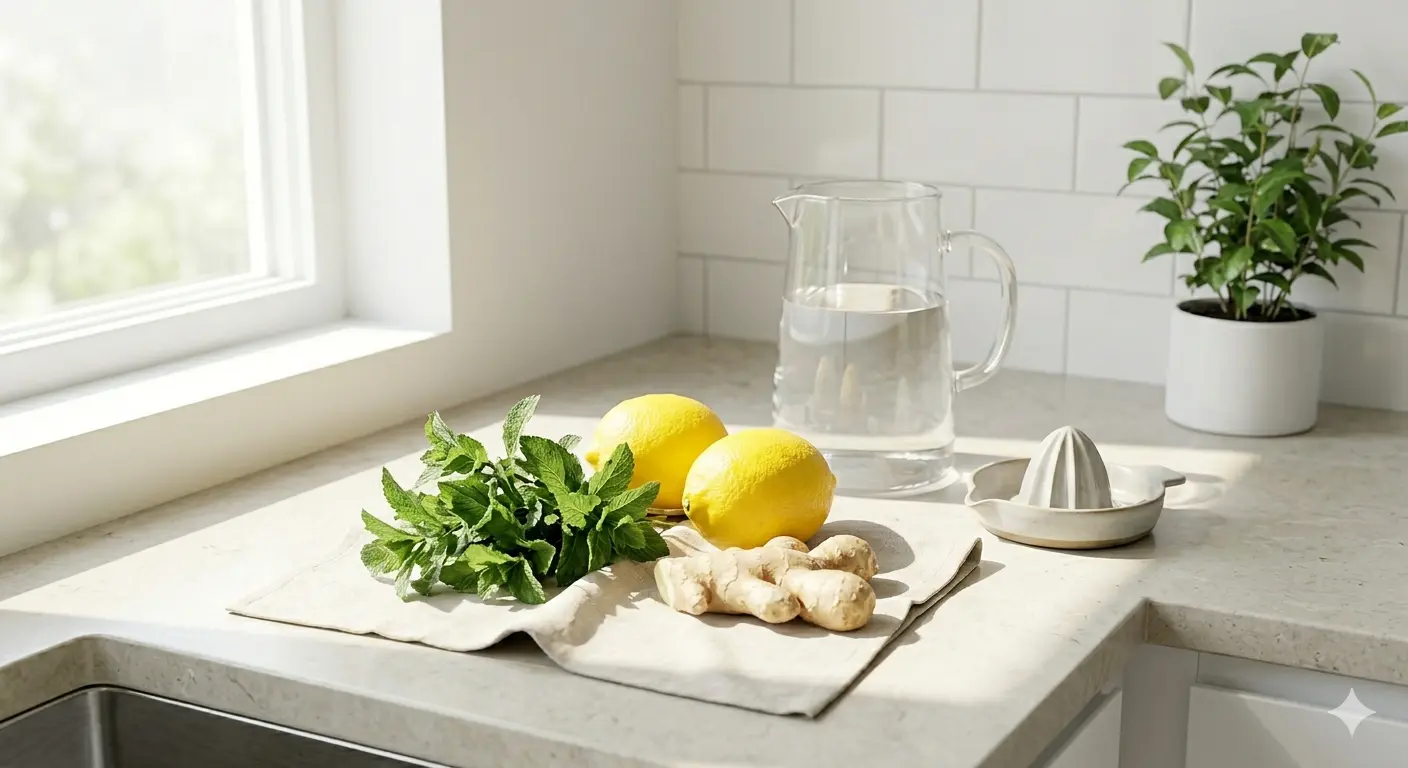 A kitchen table brightened by lemons, fresh ginger, mint, and a pitcher of water, creating a fresh and healthy atmosphere.