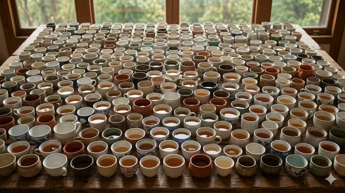 Thousands of tea cups arranged on a wooden table, hinting at global tea consumption.