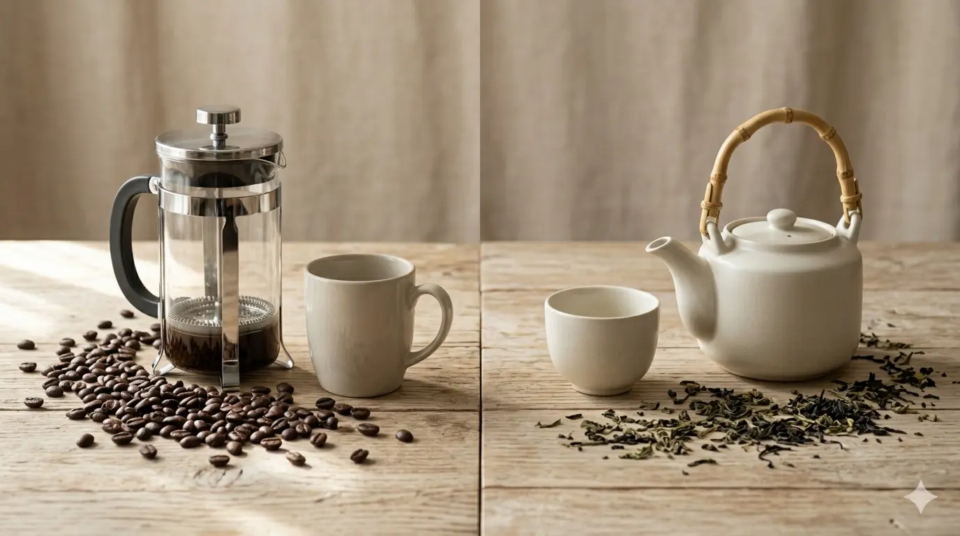 A French press with coffee beans next to a white kettle and tea leaves, creating a cozy atmosphere.