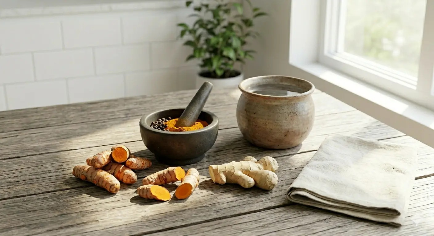 A rustic table with fresh turmeric, a stone mortar and pestle, and herbs creates a welcoming and natural atmosphere in the kitchen.