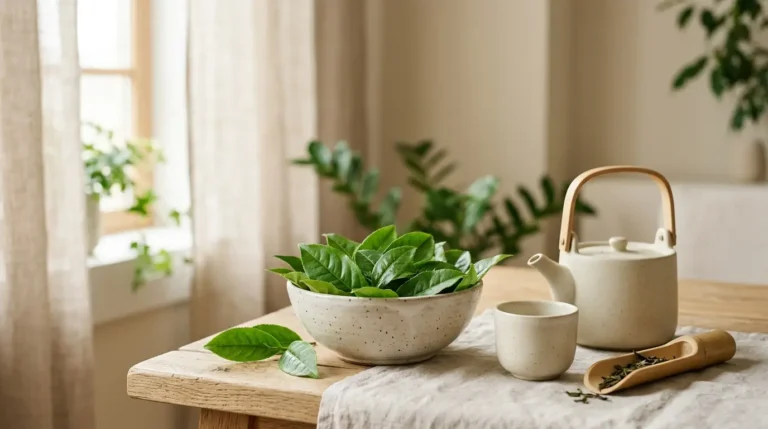 Tea ritual: fresh green leaves in a bowl, teapot, and cup