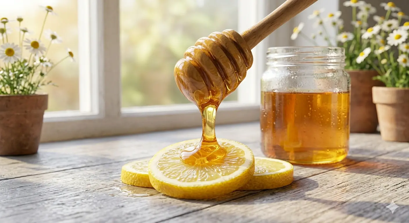 Honey drizzling onto lemon slices with a jar of honey and daisies in background