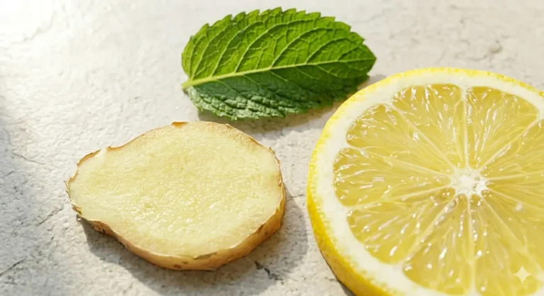 A slice of vibrant yellow lemon next to fresh ginger and a green mint leaf, on a light-colored surface.