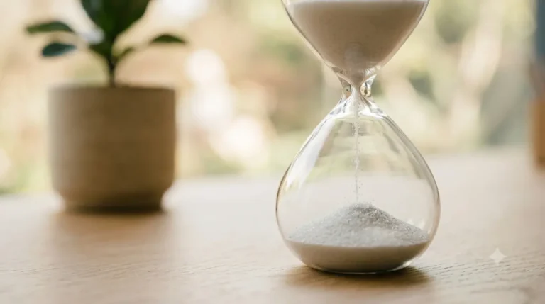 An elegant glass hourglass with flowing white sand, with a vase containing a green plant in the background, symbolizing time and nature.