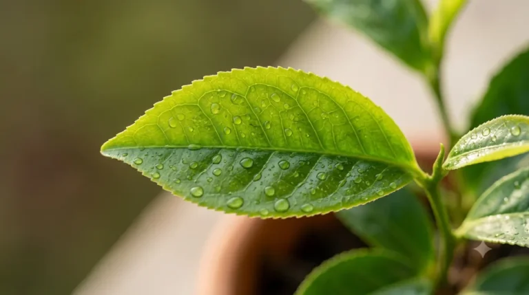 A vibrant green leaf with water droplets, highlighting the freshness and beauty of nature in a soft setting.