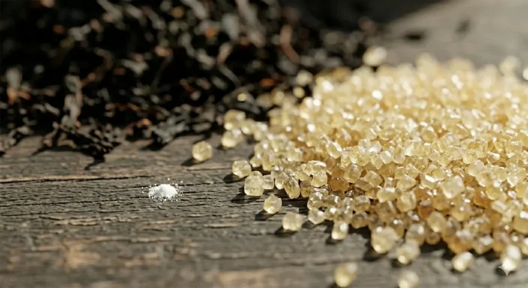 A composition of black tea leaves, golden sugar crystals, and a pinch of salt on a rustic wooden surface.