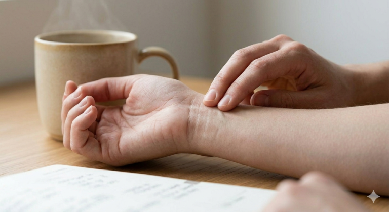A hand gently touches another's wrist, while a cup of hot coffee releases steam in the background, creating a cozy atmosphere.